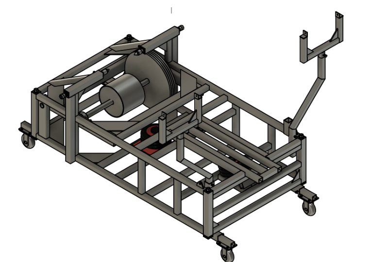 3D CAD blueprint of the Wild Wheelies wheelie machine showing frame, roller, ramp and casters